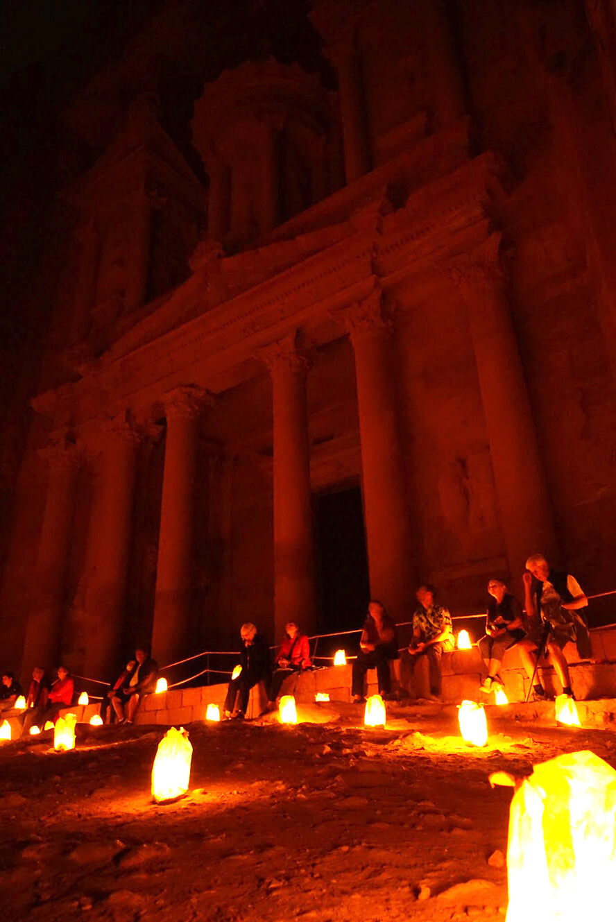 Night time at Petra: The Ancient Cities, Vast Deserts, and Salty Seas of Jordan.