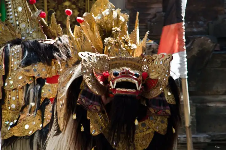 Barong, a Balinese mythological creature, that symbolizes goodness and is nemesis of Rangda | Location: Denpasar,  Indonesia