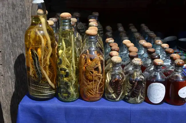 Laos rice whiskey bottles filled with animal, a.k.a. Lao-lao / Sticky Rice Moonshine | Location: Luang Prabang,  Laos